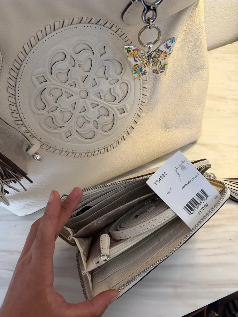 Brighton White Tote with Matching Wallet and added Butterfly Charm
